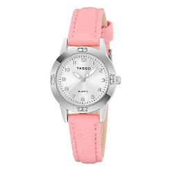 TASGO Damen-Armbanduhr, Leder, Quarzuhr, leicht ablesbar, mit Diamanten, leuchtend, wasserdicht, modische Armbanduhr für Damen und Mädchen, silber, rosa, Gurt von TASGO