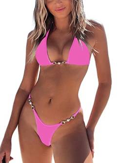 TASHEHE Damen-Bikini-Set, Triangel-Tanga, sexy String, brasilianischer zweiteiliger Badeanzug, niedlicher Badeanzug, Solid Pink, S von TASHEHE