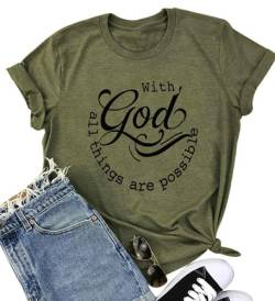 Damen-T-Shirts mit Aufschrift ?With God All Things are Possible?, christlicher Sommer, Jesus, Grafik-T-Shirt - Grün - X-Groß von TATUNER