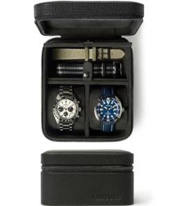 TAWBURY Leder-Uhrenetui für Reisen mit Aufbewahrungsfach - Uhrenbox zum Reisen Leder | Uhrenbox Leder Schwarz | Uhrenkasten Leder | Uhr Box 2 Uhren | Watch Case Travel von TAWBURY