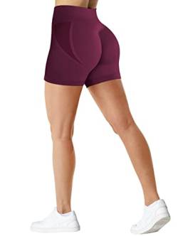 TAYOEA Damen Sport Radlerhose Scrunch Short Nahtlos Kurze Leggings Blickdicht Gym Shorts für Fitness Rotwein,M von TAYOEA