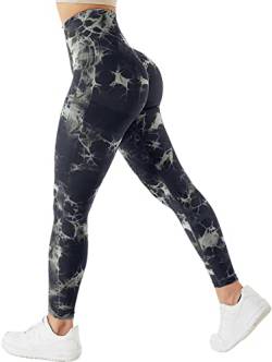 TAYOEA Damen Tie Dye Scrunch Leggings Yoga Lange Leggings Slim Fit Fitnesshose Sporthosen Blickdicht Sport Yogahose Nahtlos Push up Leggings Hohe Taille Übung Fitness Joggen, Tie Dye Schwarz,L von TAYOEA