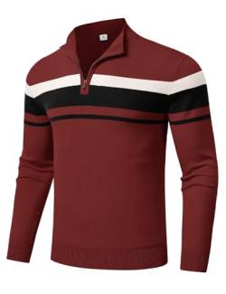 TBMPOY Herren-Pullover, 1/4-Reißverschluss, gestreifter Pullover, schmale Passform, leicht, lässig, Herbst, Winter, Block-Polo-Pullover, Weinrot, XX-Large von TBMPOY