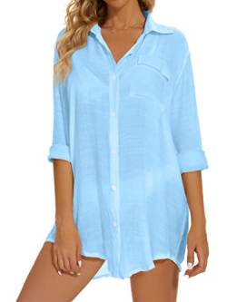 TBONTB Damen Strandhemd Bikini Badeanzug Cover Up Button Down Kragen Blusen, Hell, blau, XL von TBONTB