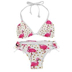 Damen Vintage Badeanzug 2 Stück Neckholder Bikini,Moderner Cartoon tropischer Tierflamingo von TBOUOBT