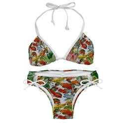 TBOUOBT Damen Vintage Badeanzug 2 Stück Neckholder Bikini,Vintager Blumen Fisch Koi Blumenlotus von TBOUOBT