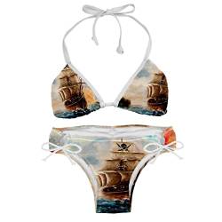 TBOUOBT Damen Zweiteilige Bikini Badeanzüge Bademode Badeanzüge,Vintage Malerei Ozean Segelboot von TBOUOBT