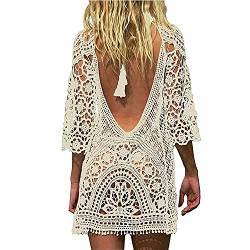 TBSCWYF Damen Boho Rückenfrei Spitze Bikini Cover Up Strandkleid Sommerkleid Damen Gestrickte Strandkleid Sommer Strandponcho Strandurlaub Badeanzug Bikini Cover-Ups Sommerkleid (Beige) von TBSCWYF