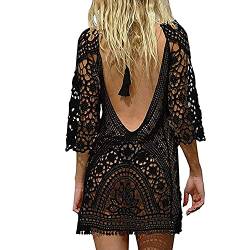 TBSCWYF Damen Boho Rückenfrei Spitze Bikini Cover Up Strandkleid Sommerkleid Damen Gestrickte Strandkleid Sommer Strandponcho Strandurlaub Badeanzug Bikini Cover-Ups Sommerkleid (Schwarz) von TBSCWYF