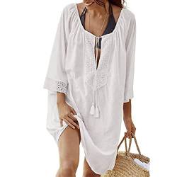 TBSCWYF Damen Sommer Strandkleid Kurz MiniKleid Strandponcho Casual Lose Pareo Damen Strandponcho Sommer Strandkleid Sommerkleid Bikini Badeanzug Cover Up Strandkleid Damen 3/4 Ärmel (Weiß) von TBSCWYF