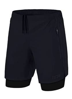 TCA Ultra Laufhose Herren 2 in 1 Kurze Sporthose Trainingsshorts Laufshorts mit integrierter Kompressionshose und Reißverschlussfach - Dunkelblau/Schwarz (2X reißverschlusstasche), S von TCA