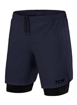 TCA Ultra Laufhose Herren 2 in 1 Kurze Sporthose Trainingsshorts Laufshorts mit integrierter Kompressionshose und Reißverschlussfach - Dunkelblau/Schwarz (Reißverschlusstasche), XXL von TCA