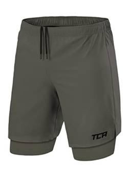 TCA Ultra Laufhose Herren 2 in 1 Kurze Sporthose Trainingsshorts Laufshorts mit integrierter Kompressionshose und Reißverschlussfach - Grün/Grün (Reißverschlusstasche), L von TCA