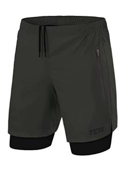 TCA Ultra Laufhose Herren 2 in 1 Kurze Sporthose Trainingsshorts Laufshorts mit integrierter Kompressionshose und Reißverschlussfach - Grün (2X reißverschlusstasche), XL von TCA