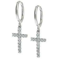 Rhodiniertes 925er Sterlingsilber klarer CZ Kristall Christliches Kreuz baumelnde Huggie Ohrringe von TCC Sourcing