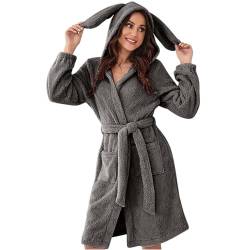 Bademantel Damen Flauschig Mit Ohren Schlafmantel Süße Hase Hausmantel Mit Kapuze Nachthemd Mit Gürtel Morgenmantel Elegant Saunamantel Frottee Nachtwäsche Locker Schlafanzug Warm Pyjama Kuschelfleece von TDEOK