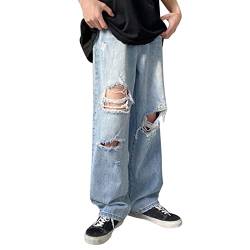 Baggy Jeans Herren Hellblau, Casual Freizeithose Lang mit LöChern, Arbeitshose MäNner mit Drawstring Gummibund, Einfarbig Vintage Herren Jeans Outdoorhose Loose Fit Jogginghose mit Taschen von TDEOK