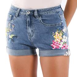 Jeans Shorts Damen Mit Stickerei - Jeans Shorts Damen Elegant - Hotpants Zerrissen Kurze Jeanshose Mom Short Bermuda Jeanshosen Kurz Sommer Damenjeans Stretch High Waist Hose Denim Blumen Freizeit von TDEOK