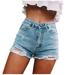 Kurze Jeanshose Damen Zerrissen - Hotpants Damen Jeans High Waist Locker - Shorts Denim Sommer Baggy Short Stretch Locker Hose Sexy Destroyed Hosen Kurz Jeanshosen Teenager Mädchen Damenjeans Blau von TDEOK