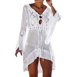 Strandkleid Weiß Gehäkelt - Kleid A Line Boho - Strandkleider Damen Langarm Bikini Cover Up Strand Kaftan Elegant Sommerkleid Strandponcho Sommer Strandurlaub Fransen Badeponcho Knielang Fransenkleid von TDEOK