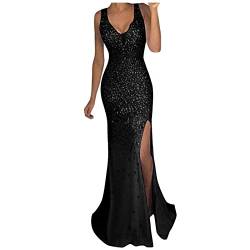 TDEOK Abendkleider Lang Schwarz Mit Glitzer Schlitz - Abendkleid Damen Lang V Ausschnitt - Glitzerkleid Sexy Cocktailkleid Strass Pailettenkleider Elegant Trägerkleid Sommer Wickelkleid Partykleid von TDEOK