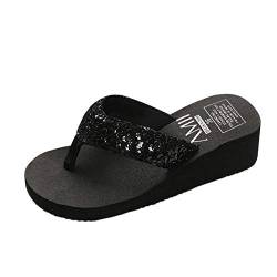 TDEOK Frauen Sommer Pailletten rutschfeste Sandalen-Pantoffel für innen & außen Ballerina Schuhe Damen Samt (Black #1, 38) von TDEOK