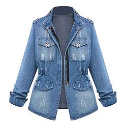 TDEOK Jeansjacke Damen Lang Tailliert Übergangsjacke Herbst Große Größen Damen-Jacken Langarm Stretch Denim-Jacket Vintage Trenchcoat Blau-Jeansjacken Übergang-Mantel Warm Outdoorjacke Kurzmantel von TDEOK