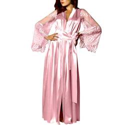 TDEOK Morgenmantel Damen Satin Kimono Bademantel Lang Leicht Schlafanzug Sexy Langarm-NachtwäSche Robe Sleepwear V-Ausschnitt Mit GüRtel Nachthemd-Blumenspitze FüR Braut-NachtwäSche Hausmantel von TDEOK