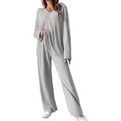 Weicher Hausanzug Damen - Pyjama Lang Loungewear Yoga Schlafanzug Gerippt Nachtwäsche Outdoor Jogginganzug Y2K Baggy Trainingsanzug Elegant Strickanzug Kurz Lässig Pullover Mit Kordelzug Pyjamahose von TDEOK