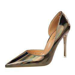 Klassisches Lackleder Pumps für Damen Spitzer Zeh Schmaler Schlupf mit Stiletto-Absatz Damen Flacher Mund Brautkleid Schuhe 4,13-Zoll-Absätze,Bronze,36 EU von TDHLW