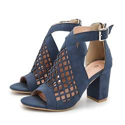 TDHLW Damen High Heels Sandaletten mit Blockabsatz Peeptoes Fischmaul Stiefeletten mit Reissverschluss und Schnalle Cut Out Elegant Sommer Schuhe,Blau,42 EU von TDHLW