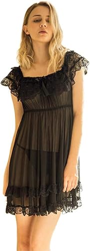 TDHLW Nachthemd Damen Sexy Spitzen Nachtkleid ärmellos Negligee Mit G-String Große Größen,Schwarz,XXL von TDHLW