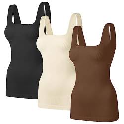 TDIFFUN Damen 3 Stück Shapewear Tank Tops Bauchkontrolle Nahtlos Gerippt Quadratischer Ausschnitt Kompression Body Shaper Top, Schwarz+Beige+Dunkelbraun, M/L (firm control or one size up) von TDIFFUN