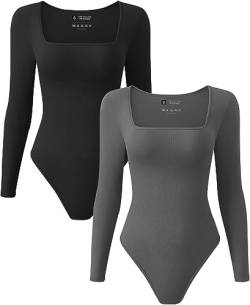 TDIFFUN Damen-Bodysuit, langärmelig, sexy, gerippt, quadratischer Ausschnitt, Bauchkontrolle, Bodyshaper, 2 Stück, 2 Stück: Schwarz + Grau, M von TDIFFUN