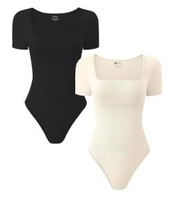 TDIFFUN Damen Shapewear Bodysuits Bauchkontrolle Kurzarm Nahtlos Gerippt Quadratischer Ausschnitt Body Shaper Jumpsuit Tanga, Schwarz+Creme, L von TDIFFUN