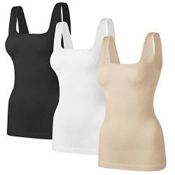 TDIFFUN Damen Shapewear Tank Tops Bauchkontrolle Nahtlos Gerippt Quadratischer Ausschnitt Kompression Body Shaper Top, Schwarz+Weiß+Nude, X-Large/XX-Large von TDIFFUN