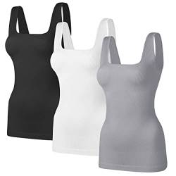 TDIFFUN Shapewear-Tanktops für Damen, Bauchkontrolle, nahtlos, gerippt, quadratischer Ausschnitt, Kompressions-Körperformer, Schwarz+Weiß+Grau, XL/2XL (firm control or one size up) von TDIFFUN