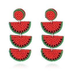 Boho-Ohrringe Mit Perlen,Baumelnd,Retro-Stil,Rote Perlen,Einfache,Kreative Wassermelonenform,Handgefertigte Geflochtene Baumelnde Ohrringe,Damenmode-Accessoires,Schmuck,Geschenk,Rot,Einheitsgröße von TDNEKMCA