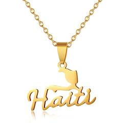Halskette mit Anhänger mit Karte und Flagge von Haiti – personalisierte Geographie, haitianische Umrisskette, Halskette für Damen und Herren, Schlüsselbeinkette, Schmuck, Geschenk, gelb, 50 cm von TDNEKMCA