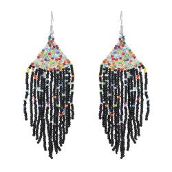 Schwarze Reisperlen-Ohrringe Für Damen – Modische Geometrie,Boho-Vintage-Palast-Perlen,Dreieckiger Anhänger,Quaste,Lang,Exquisiter Farbblock,Handgefertigt,Geflochten,Sommer-Strand-Party-Schmuck,Ges von TDNEKMCA