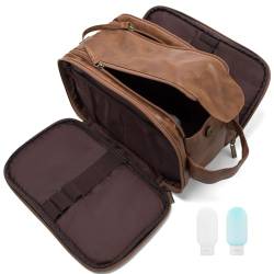 Kulturtasche für Männer Rasierset - Großes Dopp Kit für Männer mit 2 Reiseflaschen, Braun, Leder-Dopp-Set von TEABAN