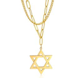 TEAMER Davidstern Anhänger Halskette Jüdisches Magen Amulett Edelstahl Halsketten Vintage Schmuck (Stil 1-Doppelkette-Gold) von TEAMER