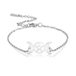 TEAMER Dreifach Mond Göttin Kette Armband Pentagramm Wachs Seil Armband Edelstahl Pentakel Pentagramm Wiccan Charme Hexe Schmuck für Frauen (Dreifache Mondgöttin - Silber) von TEAMER