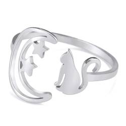 TEAMER Edelstahl niedlich Katze Ringe Mondsichel Stern Katze Ring Resizable Vollmond Katzen Ring Katzenliebhaber Schmuck für Frauen (Mondsichel Sternenkatze - Silber) von TEAMER