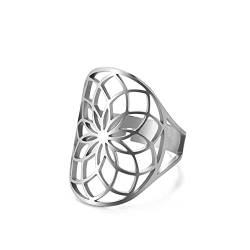 TEAMER Größenverstellbarer Erzengel Metatron Edelstahl-Ring, verstellbare Blume des Lebens, Schmuck für Frauen und Mädchen (Silber-Style-D) von TEAMER