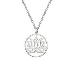 TEAMER Lotus Halskette Edelstahl Blume des Lebens Halskette Yoga Meditation Anhänger Inspirational Schmuck für Frauen Teens Mädchen (Stil 4 - Silber) von TEAMER