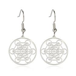 TEAMER Metatron Ohrringe Edelstahl Davidstern Ohrringe Blume des Lebens Geometrische Hohlbaumeln Vintage Amulett Schmuck für Frauen Mädchen (Metatrons Würfel-Silber) von TEAMER