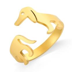 TEAMER Niedliche Dackel Halskette Resizable Dackel Ring Edelstahl Dackel Liebhaber Haustier Tierschmuck Für Frauen Männer (Dackel Ring - Gold) von TEAMER