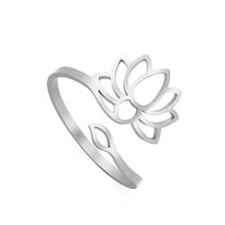 TEAMER Resizable Lotus Ring Edelstahl Semikolon Ring Yoga Meditation Om Symbol Ring Inspirierender Schmuck für Frauen Teenager Mädchen (Lotus 1-Silber) von TEAMER