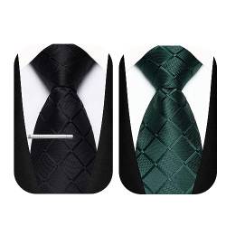 TEAMMAO Krawatten für Herren 2 Stck Business Plaid Krawatte Schwarz Krawatte Dunkelgrün 8CM Tie Krawattenklammer und Geschenkbox für Hochzeit,Festliche Veranstaltungen.(GA-Schwarz+Dunkelgrün) von TEAMMAO